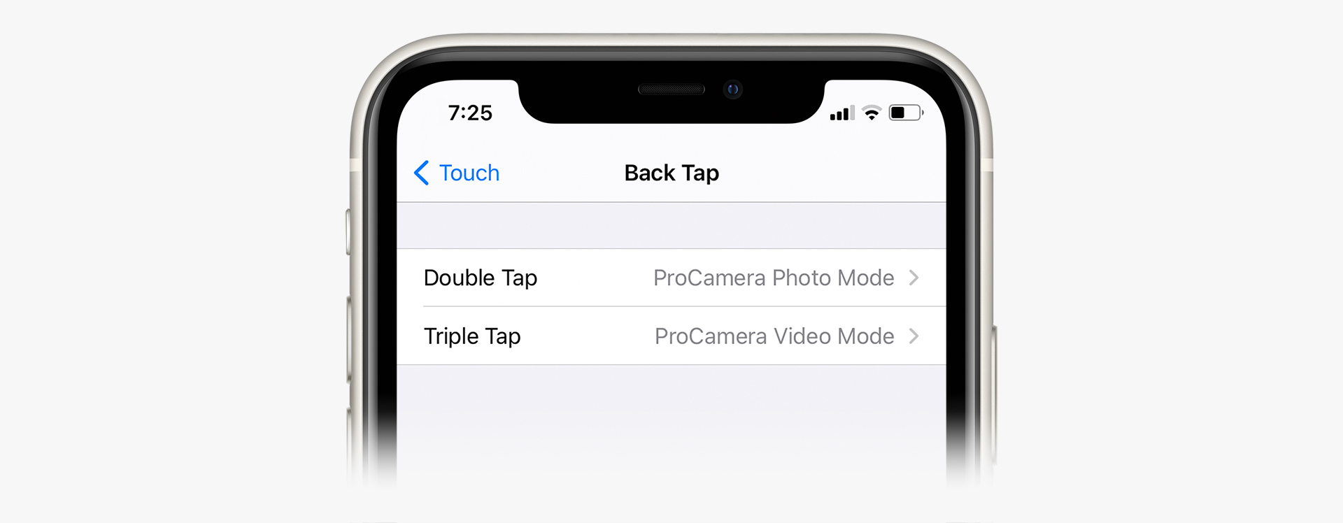 iOS Accessibility Back Tap Setting with ProCamera shortcut