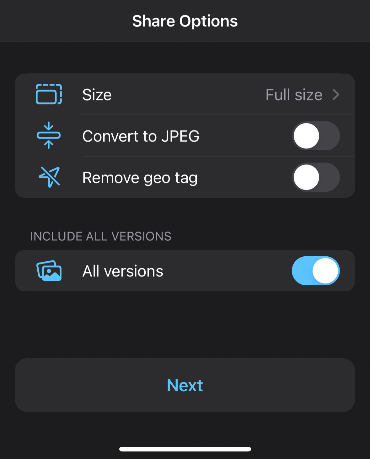 ProCamera App's Share Options Menu with the new Share All Version option.